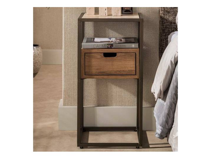 alesvelt Nachttisch CASSETTO XS TRAVERTIN Schmale Kubus-Konsole mit Keramikplatte (1-Tisch), 30x30x60cm, Travertin-Design, Eichenholzoptik