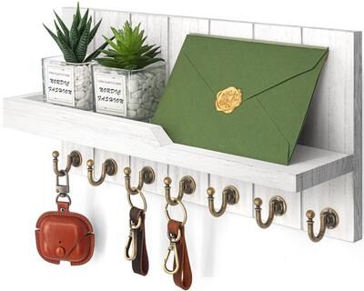 Perfect Picks Market Rustic Wall Key Holder With Shelf & Hooks Entryway Mail Organizer white