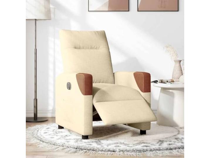 Relaxsessel Elektrisch Creme Stoff Mit Seitentasche Maximale Neigung 135 Grad,elektrische Liegefunktion,Stoffbezug atmungsaktiv,Rahmen aus Holz und Metall,breite Armlehnen