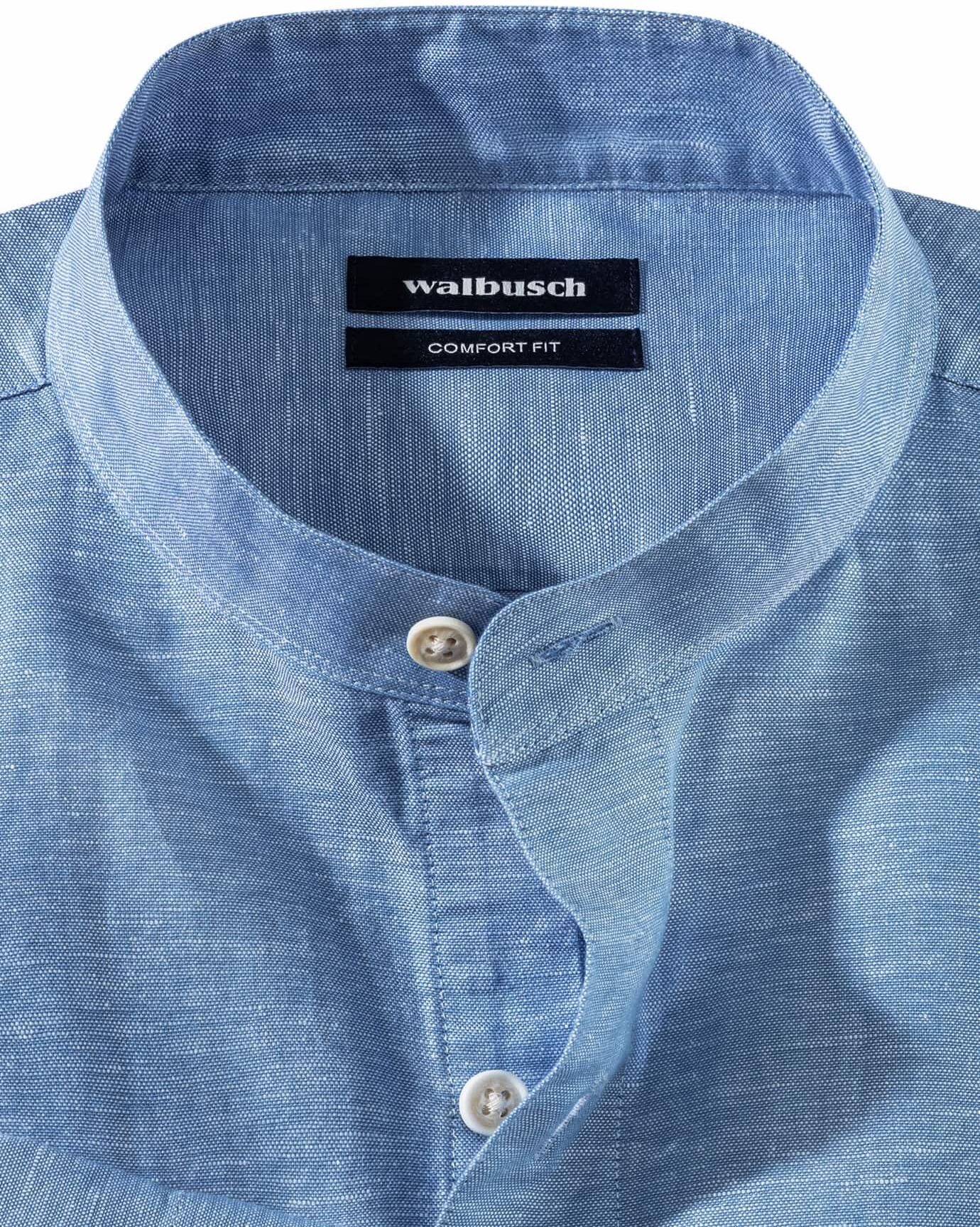 Walbusch Stehkragen-Leinenhemd, Comfort Fit, Farbe Blau, 38, luftig durch Leinen knitterarm durch Baumwolle Herren