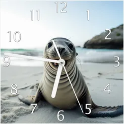 Wallario Uhr 20 x 20 cm, weiße Zeiger Robbe am Strand