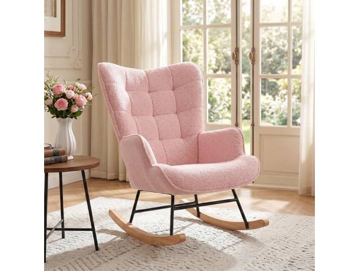 Fauteuil à bascule rembourré Rocking chair - Métal et bois massif - Fauteuil allaitement - 68x75x92cm - Velours teddy - Rose