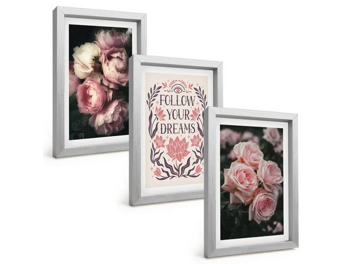 BILDER SET 3er Set - 20x30 cm Silberner Rahmen - Vintage-Rosenträume-Inschrift