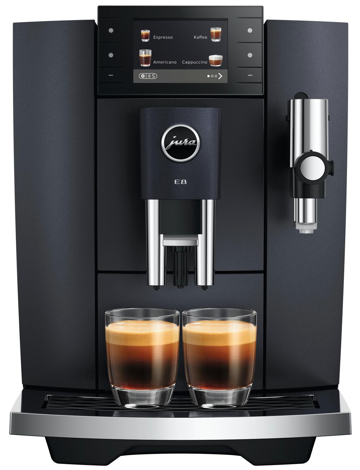 JURA E8 (ED) Kaffeevollautomat, 27 Spezialitäten, 3,5''-Farbdisplay, WiFi-fähig, Hot & Light Brew, Sweet Foam mit Sirup- & Schokoaufsatz, Energiesparmodus, Cosmic Black