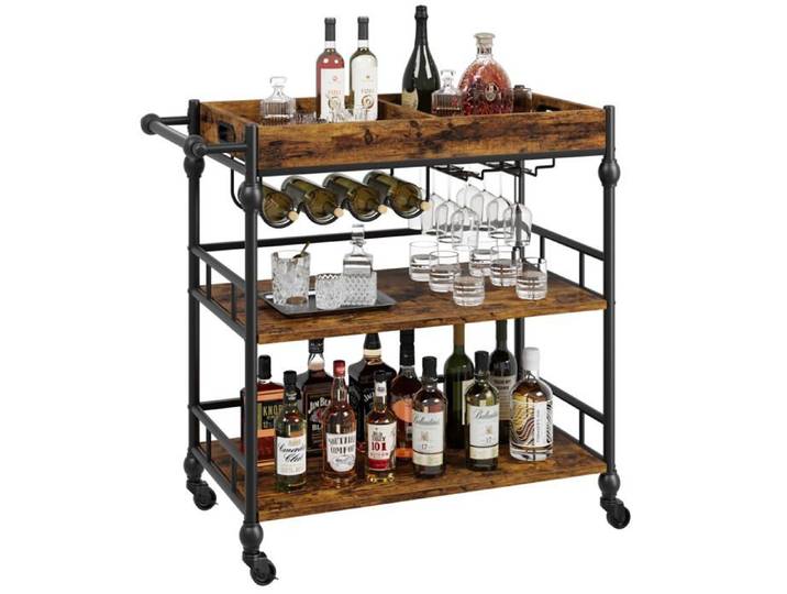 Chariot bar vintage 3 niveaux métal roues porte-bouteilles/verres cuisine/salon