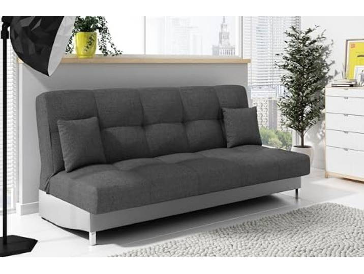 LIKMA Ausziehbar 3 Sitzer Sofa Togo Grau + Hellgrau Kunstleder 195x91x85 cm Schlaffunktion Bettzeugbehälter 2 Kissen Sofa mit Bettfunktion Gesteppte Schlafsofa ohne Armlehnen