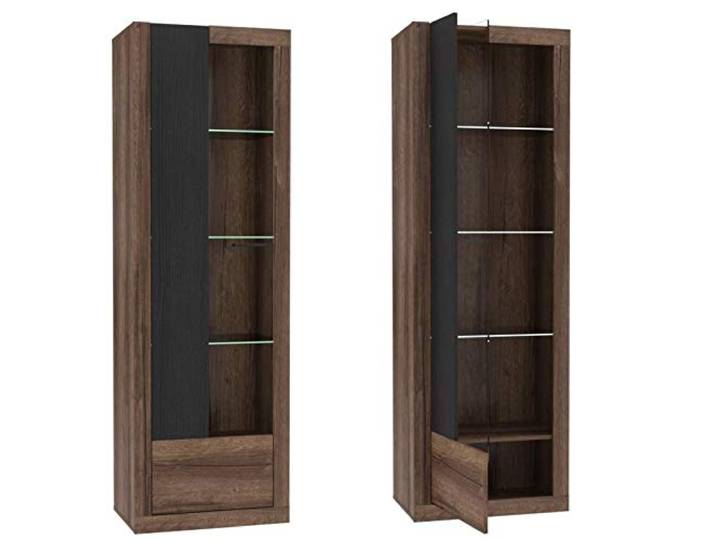 Furniture24 Vitrine Trass TRAV711L, Schrank, Wohnzimmerschrank, Vitrinenschrank, 1 Türiger, Schlammeiche (mit Beleuchtung)
