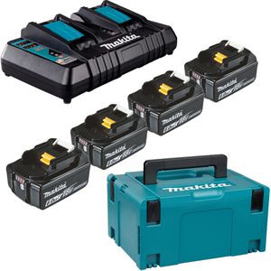 Makita Werkzeugakku Power Source-Kit, 198091-4, 18V / 6,0Ah, 4 Akkus und Doppelladegerät, mit Koffer