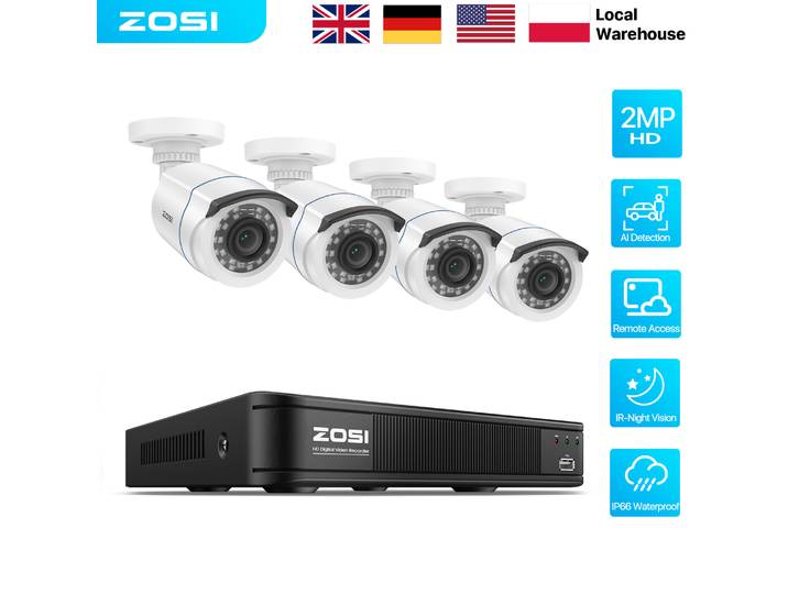 Système de caméra de sécurité CCTV filaire ZOSI, extérieur/intérieur, 8 canaux, 5MP, H.265+, enregistreur DVR Lite, 1080p, caméras de surveillance domestique résistantes aux intempéries, vision
