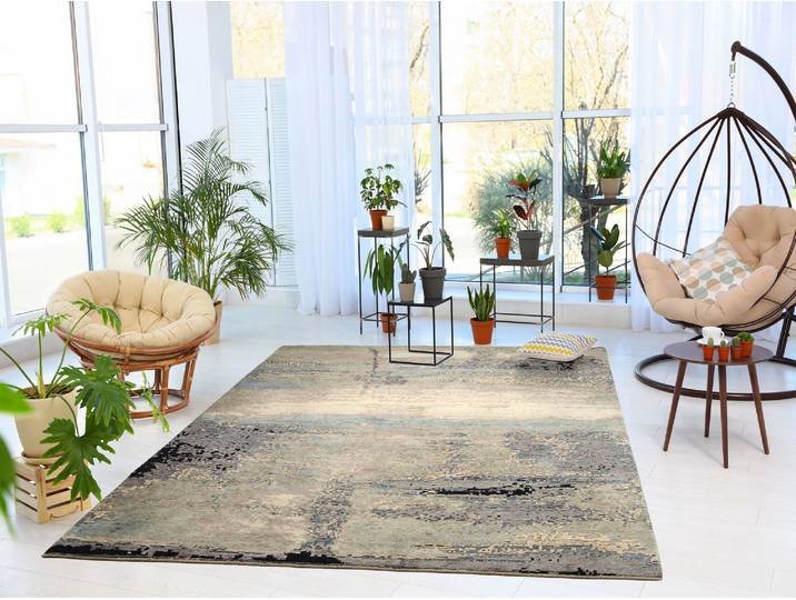 Teppich OCI DIE TEPPICHMARKE PHENOM MARBELLA , grau (beige, grau, blau), B:170cm H:10mm L:240cm, Obermaterial: 60% Schurwolle, 40% Viskose, Teppiche, Teppich, handgeknüpfter Designer Teppich Naturfaser Kurzflor