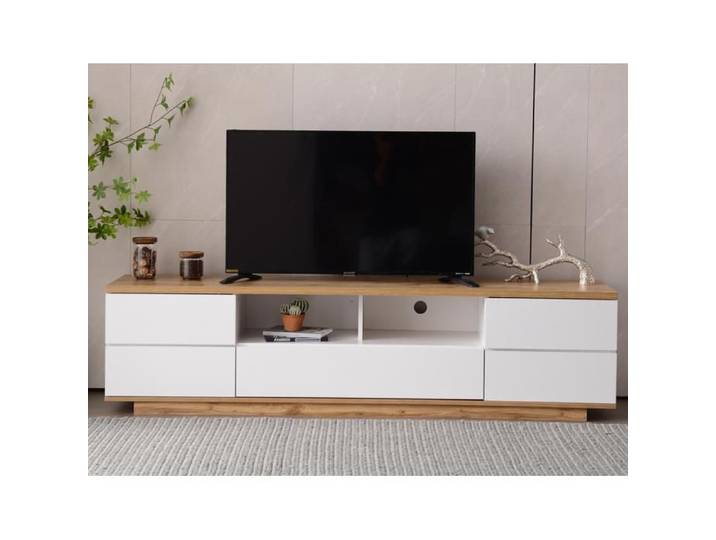 Meuble TV Moderne Blanc et Bois Meuble bas pour TV jusqu'à 70  Meuble TV Bas avec 5 Portes et 2 Compartiments Ouverts