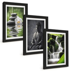 BILDER SET 3er Set - 20x30 cm Schwarzer Rahmen - Entspannende Zen-Wassermalerei