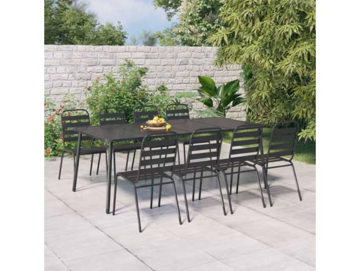 ZQQLVOO 9-TLG. Garten-Essgruppe Anthrazit Stahl Pulverbeschichtet und emailliert, Stapelbare Stühle, Lattenrost-Design, 110 kg pro Sitzplatz