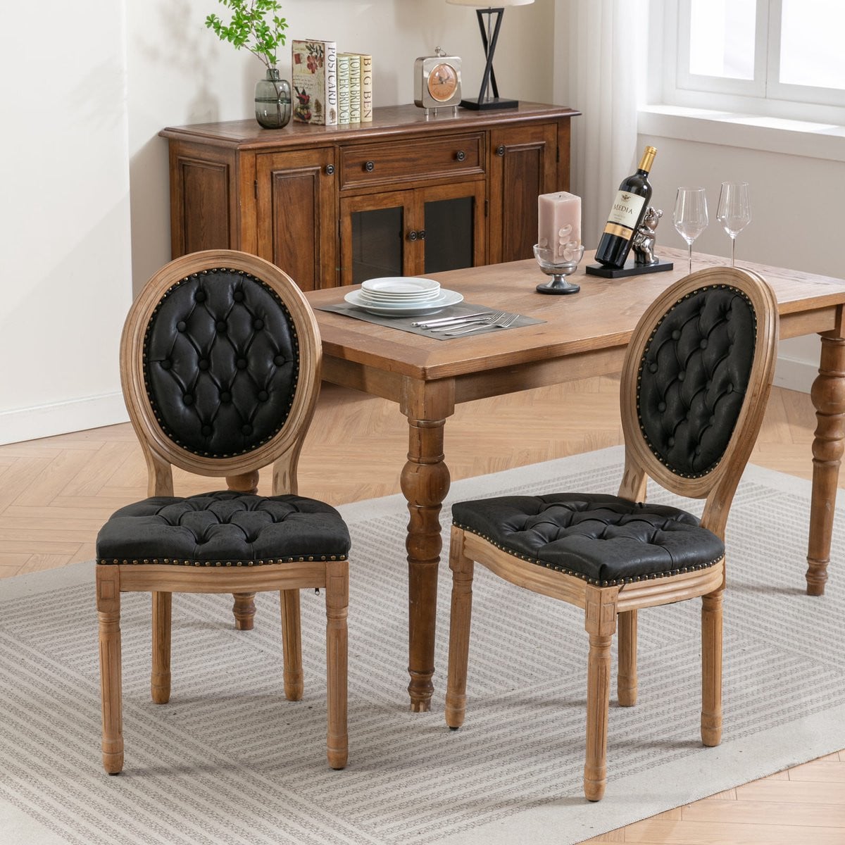 Sweiko Eetkamerstoelen Set van 2 - Verouderd Massief Hout - Ovale Rugleuning met Tufting - Zwart PU-leer