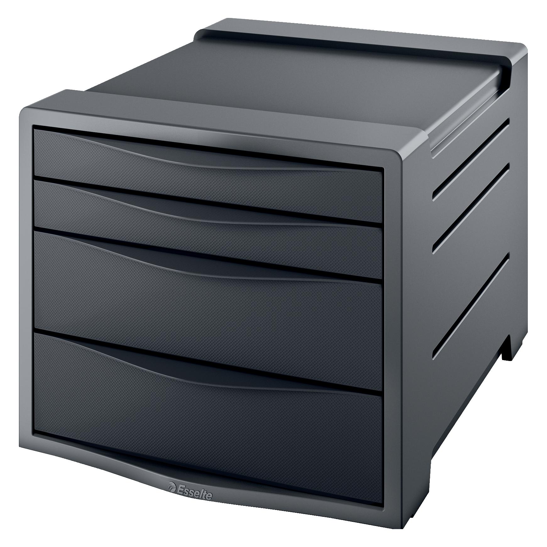 Leitz Esselte Schubladenbox VIVIDA, 4 Schübe, schwarz aus Polystyrol, stapelbar, mit Griffmulde zum Einfac (A4) (623761)