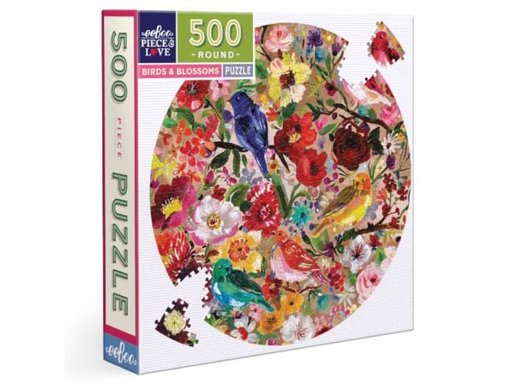 eeBoo Rond 500 stukjes, vogels en kleurrijke bloemen van gerecycled karton, hoogwaardige puzzel voor volwassenen, PZFBBL, wit