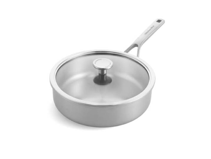KitchenAid MultiPly 3PLY Stainless Steel PFAS-freie Sautierpfanne mit Glasdeckel, 24 cm/3,10 L Dreifach, Multiclad, Induktion, Backofenfest bis 220°C, Spülmaschinenfest, Silber