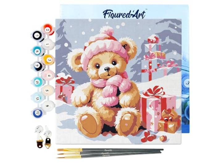 Figured'Art Mini Schilderen op Nummer Volwassenen 20x20cm met lijst Teddybeer en de Cadeaus - Klein Formaat Creatieve Hobby Kit DIY Art Nummer Compleet