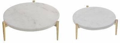 IH Casa Decor Set Of 2 Round Marble Cake Plate With Aluminum Gold Stand