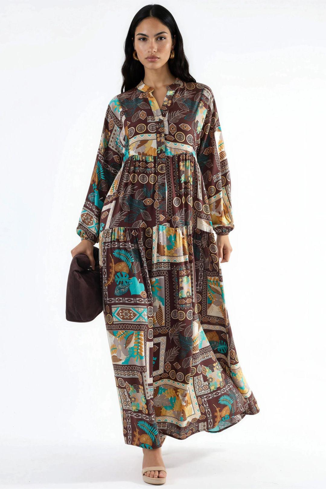 V-Ausschnitt gemustertes Maxikleid
