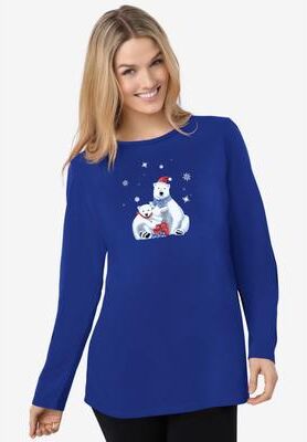 Plus Size Women's Holiday Graphic Tee by Woman Within in Deep Cobalt Polar Bear (Size 2X) Shirt