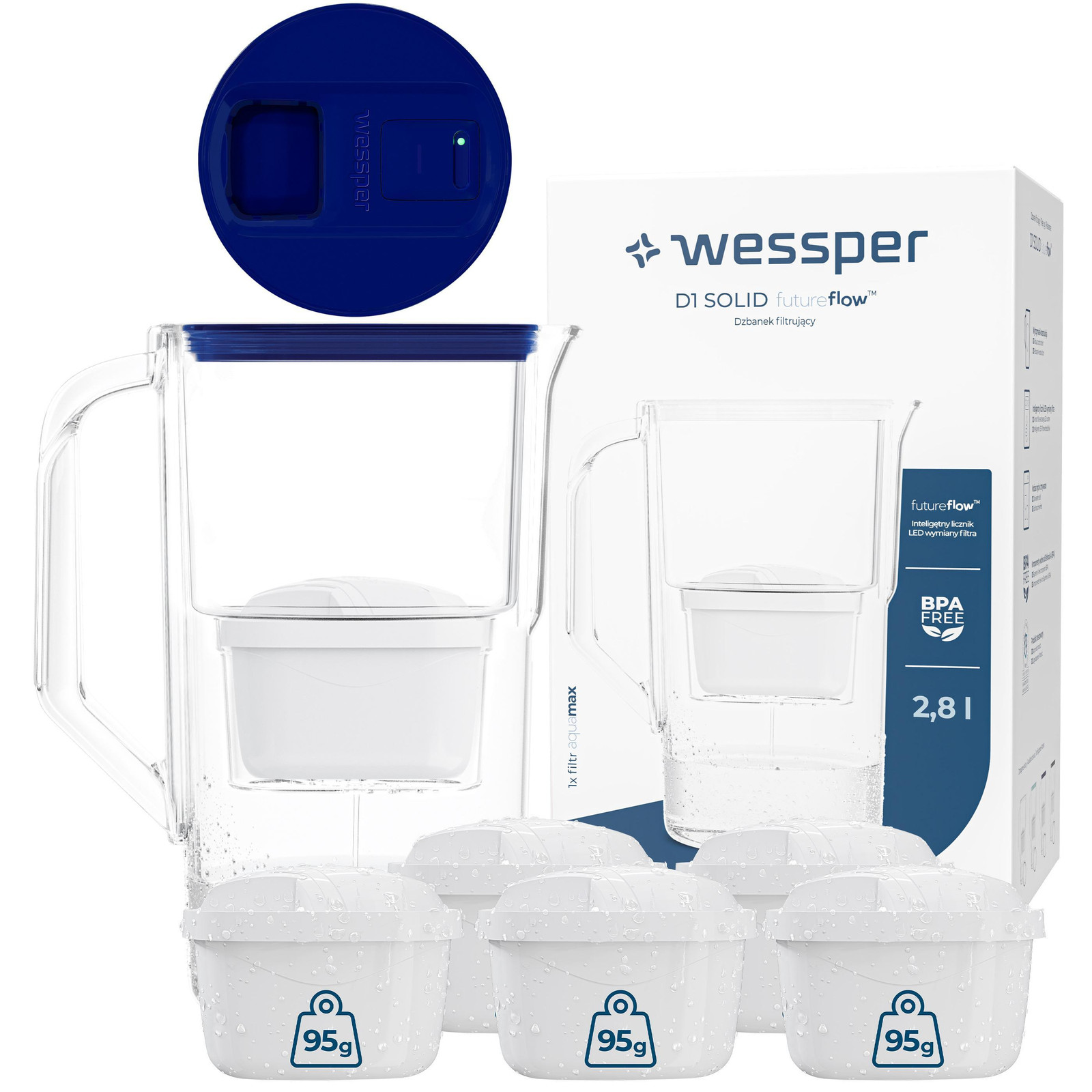 Wessper D1 SOLID FutureFlow waterfilterkan, 2,8 liter, blauw, met LED-display en 6x aquamax filterpatronen