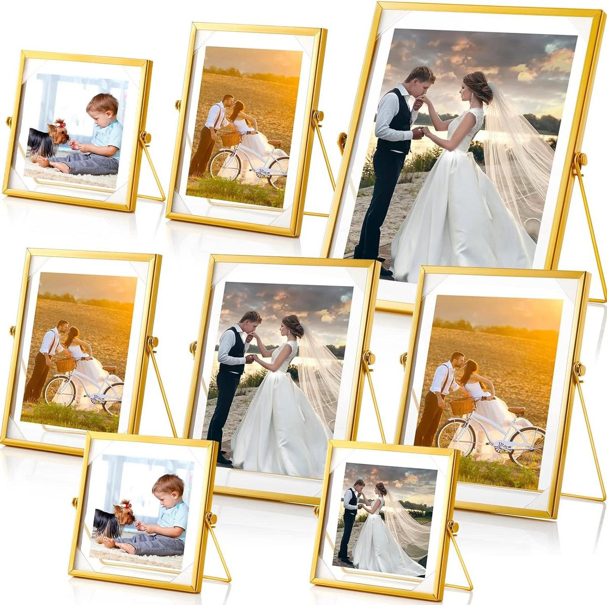 Set van 8 gouden fotolijsten met drijvend glasframe