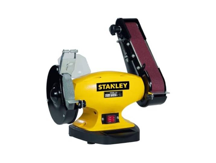 STANLEY - Touret à meuler Ponceuse STANLEY 330W Ø150mm + Bande abrasive 5x69cm- Touret à meuler d'établi Grain 36/60 Meulage Polissage Ponçage Dégrossissage