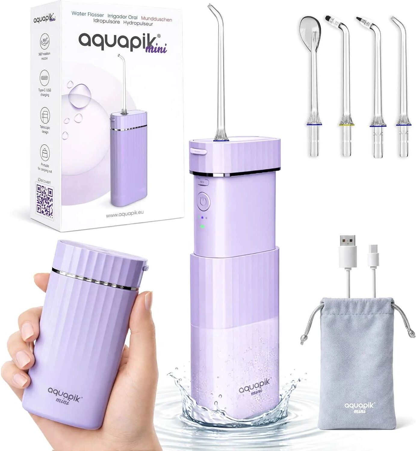 AquaPik Mini Irrigador Bucal Portátil Viajes Carga USB Púrpura 1 ud