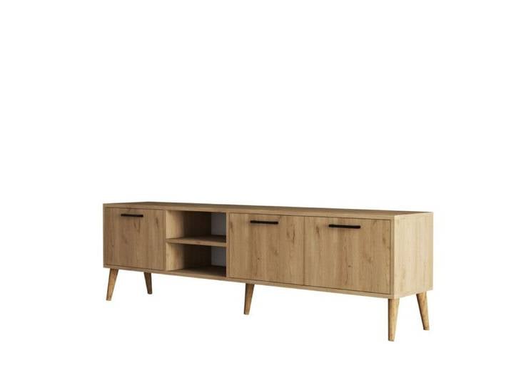 Meuble TV Banc TV décor chêne L 180 cm pieds en bois rangements