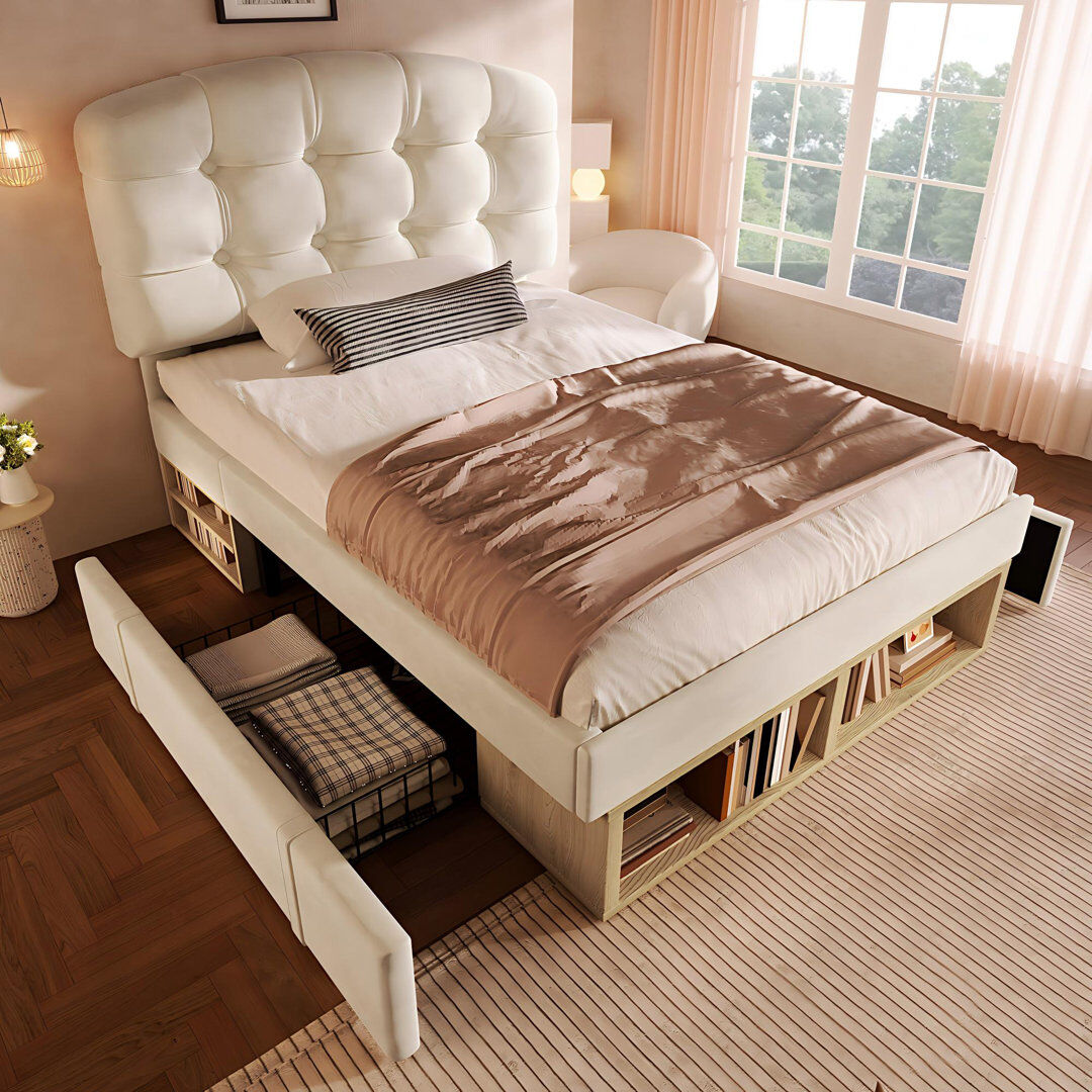 Ivy Bronx Upholstered Storage Bed Beige Single (3')