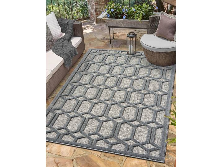 Outdoorteppich Thala, LAGERRÄUMUNG , grau (grau,schwarz), B:160cm H:8mm L:230cm, Polypropylen, MYFLAIR MÖBEL & ACCESSOIRES, Teppiche, Outdoorteppich, modernes Design, Hoch-Tief Effekt, Outdoor geeignet, Balkon, Terrasse