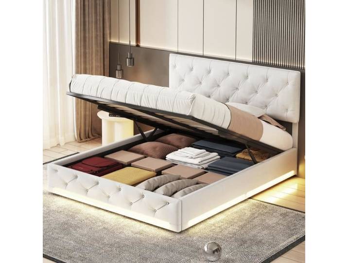 Lit coffre - DREAMMESPACE - 140x200 cm - Beige-blanc - LED - Rembourré