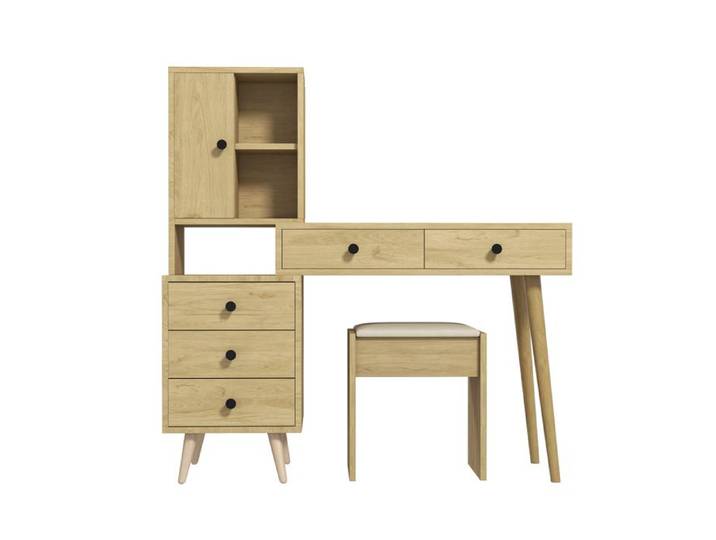 Coiffeuse avec miroir escamotable - 5 tiroirs meuble latéral et tabouret beige - Aspect bois naturel