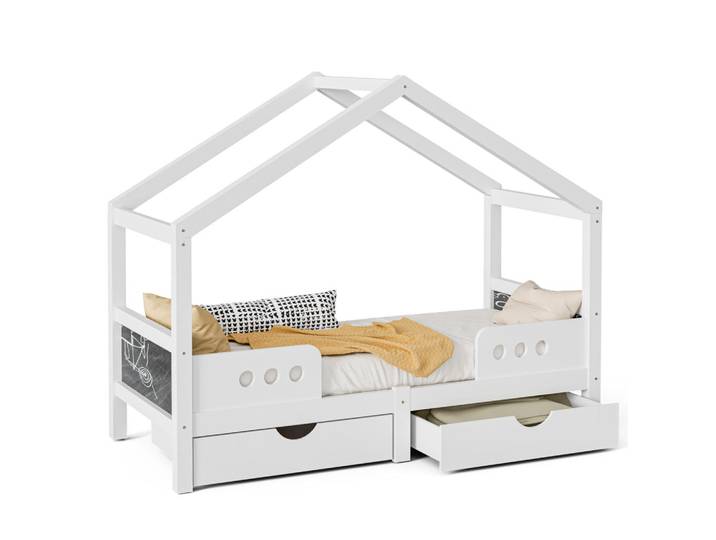 Komhtom Hausebett 90 x 200 cm mit Doppelschublade in Weiß, Holz, Kiefer, Mode, Rechteckig, 90x200 cm, Babymöbel & Kindermöbel, Kinderzimmer & Jugendzimmer, Kinderbetten, Spielbetten