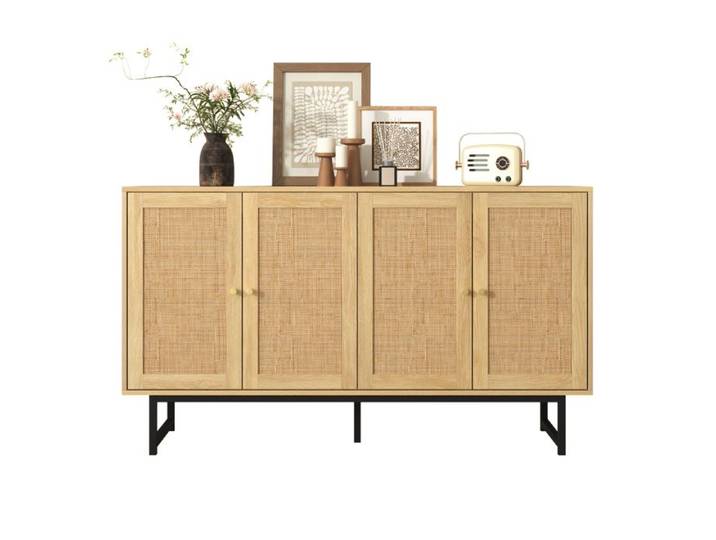 Buffet 140x39 5x80 cm avec véritable tressage en rotin 4 portes style naturel et élégant
