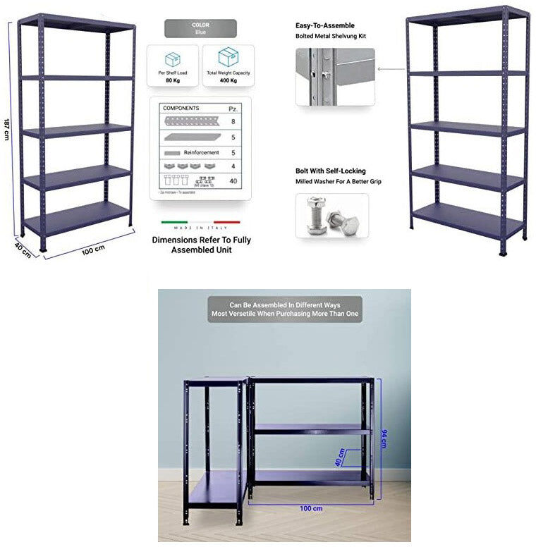 giordanoshop Scaffale in Metallo 5 Ripiani 100x40x187 cm Ettore Blu...