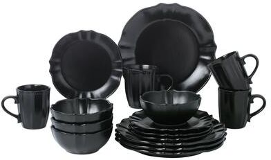 Lorren Home Trends 16 Piece Scalloped Edge Black Dinnerware