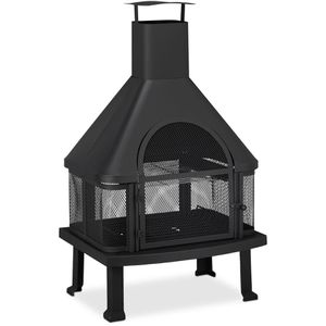 Relaxdays Terrassenofen schwarz, aus Stahl, 110 cm, mit Funkenschutz & Grillrost, für Holz & Holzkohle