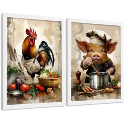 POSTER 2er Set Küchen-Wandbilder Hahn und Schwein Koch Aquarell Illustration Esszimmer Wanddeko Rahmenlos A4