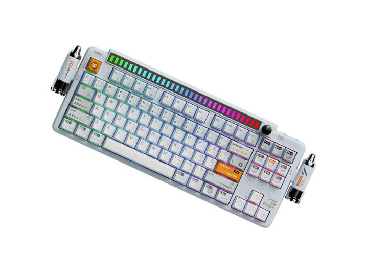 KEYSME Lunar 01 clavier mécanique 80 % triple mode, disposition QWERTY US, montage sur joints avec éclairage rythmique, interrupteurs remplaçables à chaud, molette de réglage programmable, capuchons en PBT et batterie 4000 mAh, Blanc
