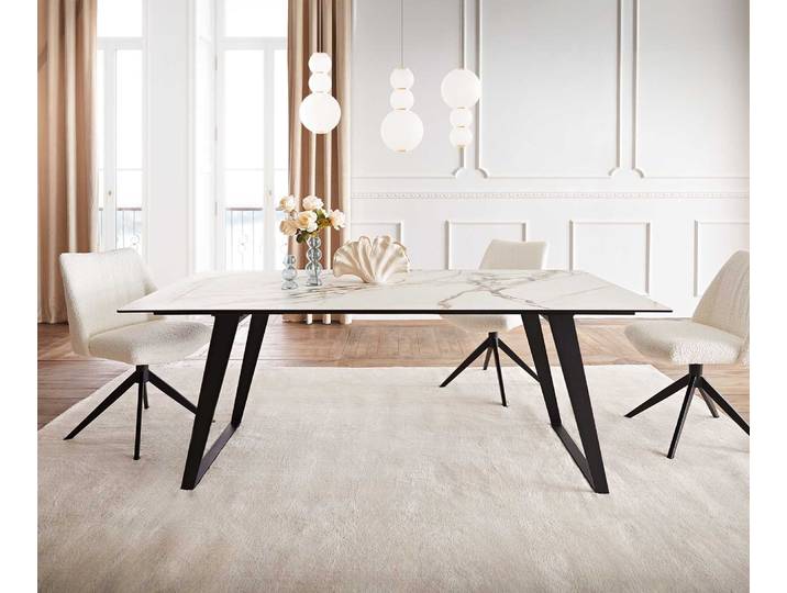 Esstisch Edge 200x100 Keramik Calacatta Luxe Weiß-Gold-Grau Metall Schräg Schwarz, Esstische