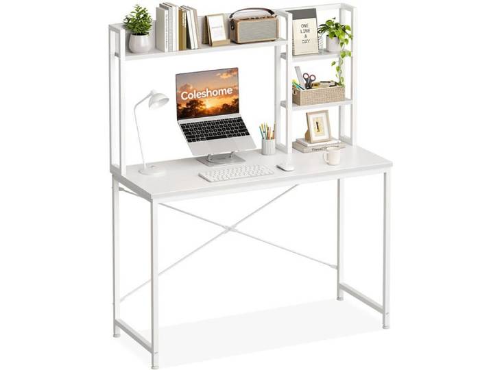 Petit Bureau 100x40cm avec Étagère Rangement Blanc Blanc Blanc BUREAU