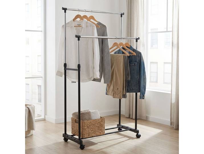 Doppel Kleiderständer, mit Rollen, Kleiderstange ausziehbar 90 cm- 160 cm