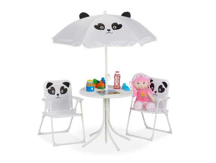 Relaxdays Kindersitzgruppe Mehrfarbig 4-tlg.-Set Panda, Weiß, Metall, Textil, Kunststoff, Freizeit & Co, Outdoor-Spielzeug, Spielhaus