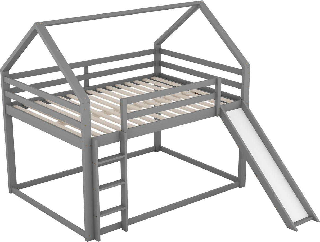 Doppelbett(Grau,140x200cm)Kinderbett Hausbett Etagenbett mit Rutsche und Leiter, Kinderzimmer Hoch-Doppel-Stockbett