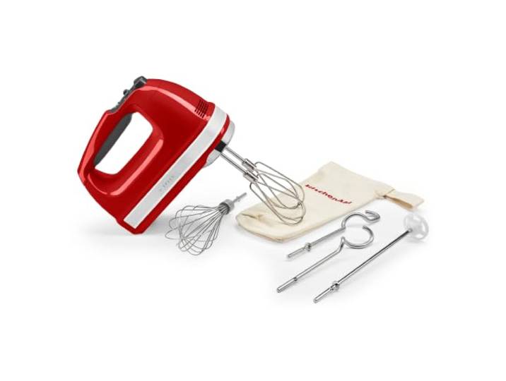 KitchenAid 5KHM9212BER 9-Gang-Handmixer, leistungsstarker DC-Motor, mit 5 Edelstahl-Zubehörteilen (Schlägel, Schneebesen, Knethaken, Rührstäbchen) & Aufbewahrungstasche, Empire Rot