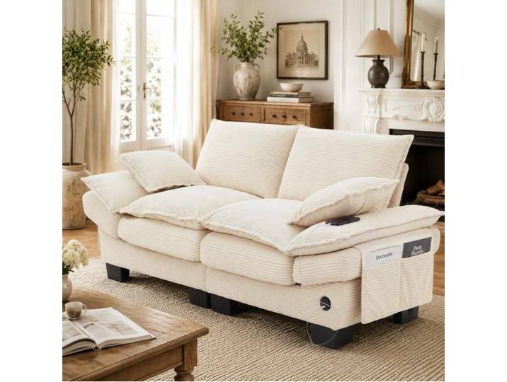 WUVRIE Canape 2 places beige en velours cotele assise large ergonomique mousse haute densite USB-C