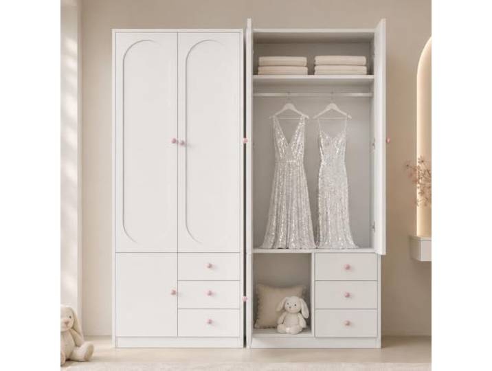 Merax Kinderkleiderschrank 2er-Set (4-türig) mit 6 Schubladen, Kleiderschrank für Kinderzimmer mit Kleiderstange & Rosa Keramikgriffen, Kinderzimmermöbel, Lack-Oberfläche, 160×50×200 cm, Weiß
