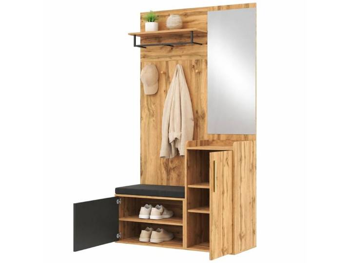 ELVORIN Meuble d'entrée avec miroir banc et meuble à chaussures 100 x 38 x 185 cm noir et naturel